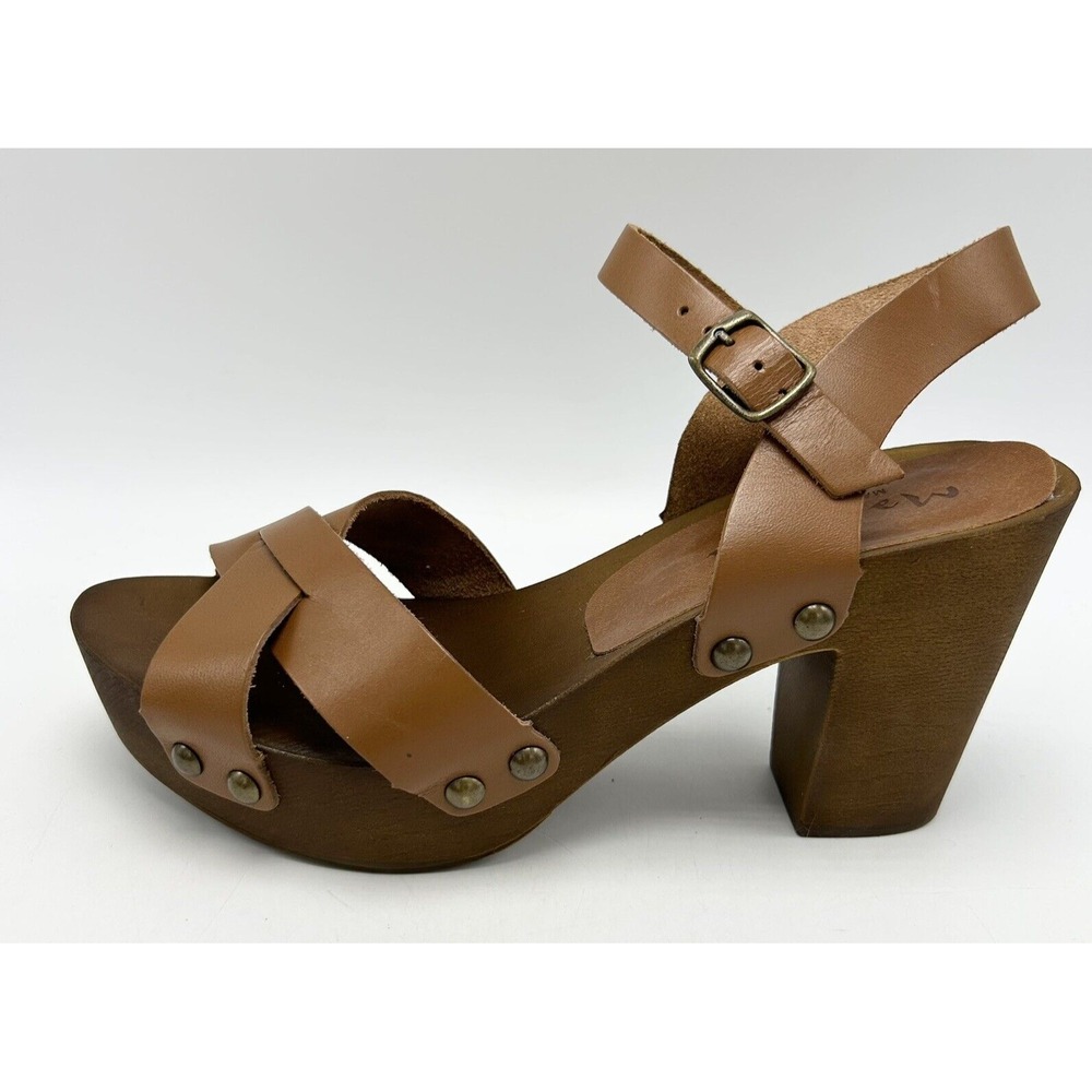 Mariella Sandals Womens 9.5 M Brown Leather Block Heels Wood Look Made in Italy